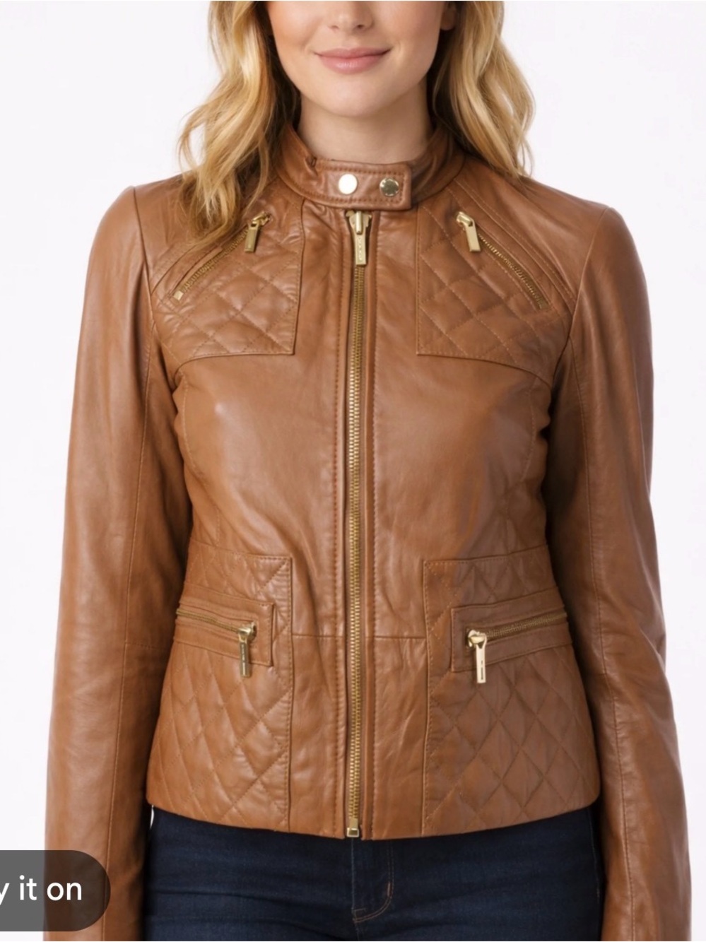 Michael Kors Brown Quilted Faux Leather Moto Jacket